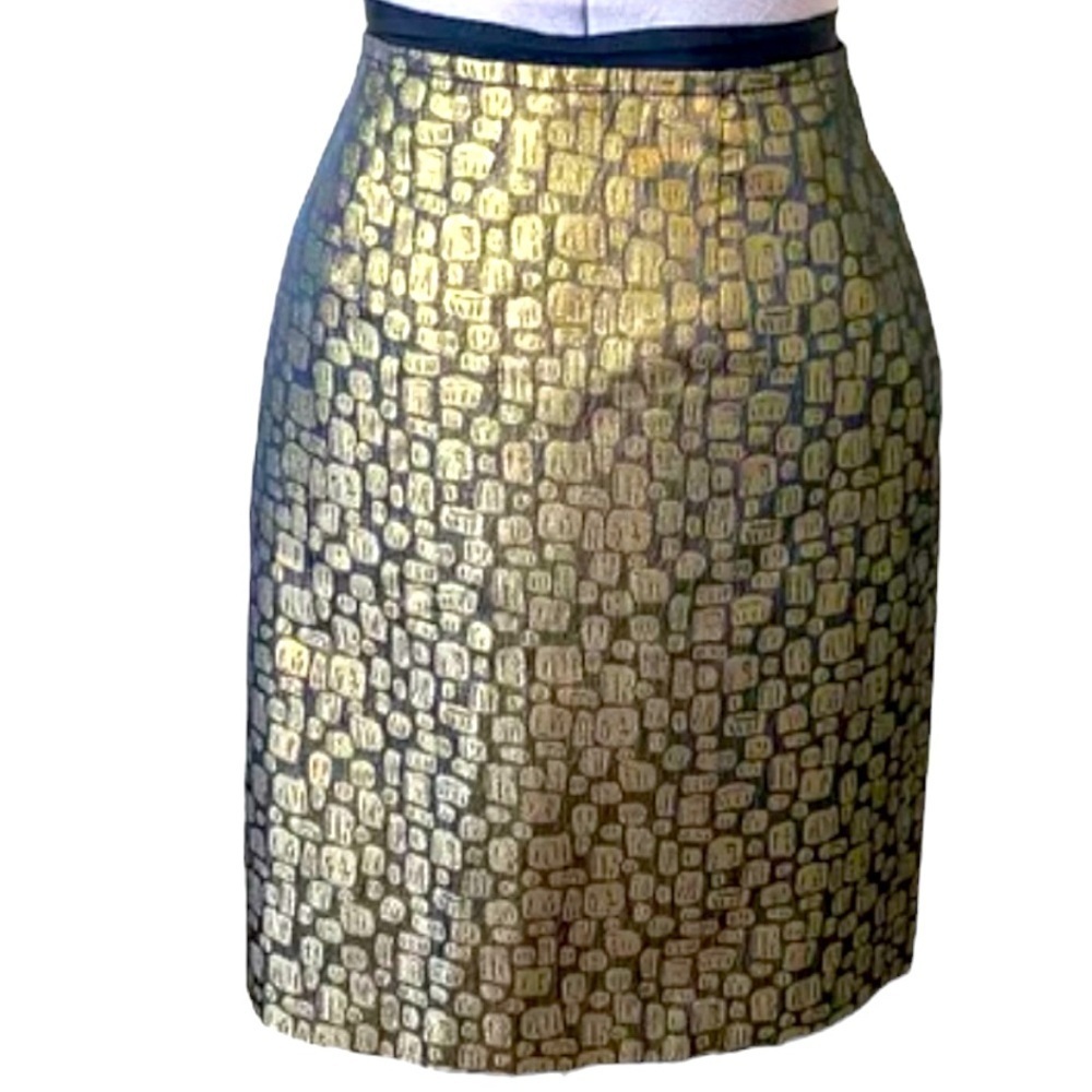 LOFT Metallic Jacquard Party Pencil Skirt Gold & Black Petite Size 10 NWOT